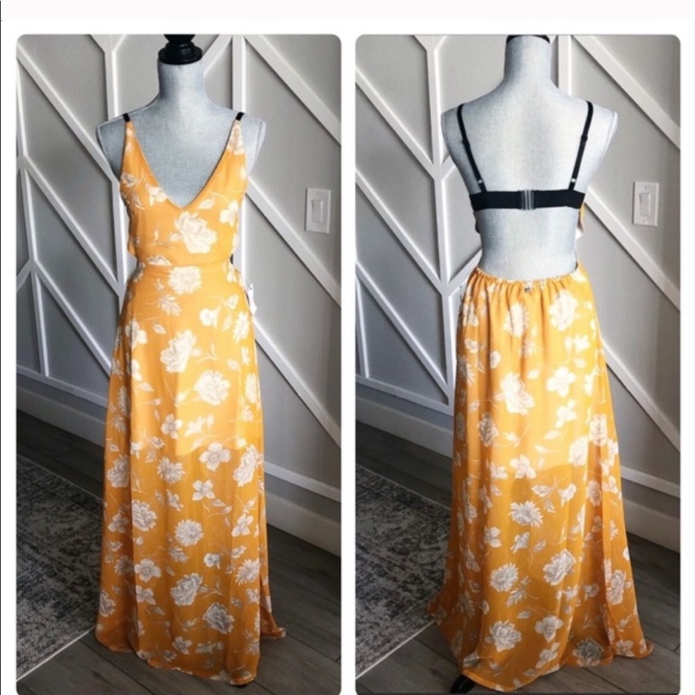 Stone row mustard yellow floral open back maxi dress